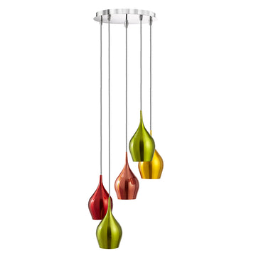 Vibrant 5 Light Multi Coloured Aluminium Multi-Drop Pendant