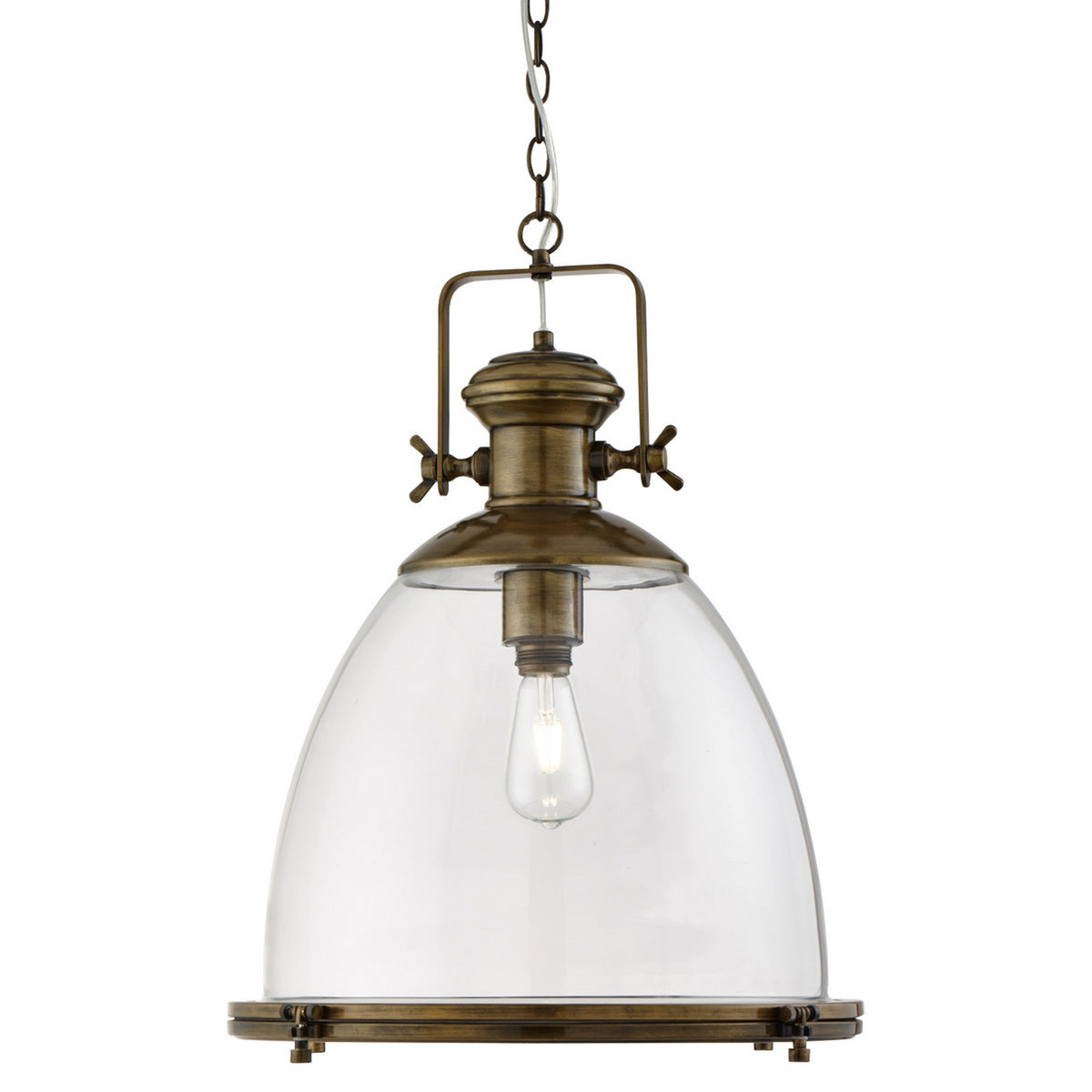 Industrial Painted Antique Brass & Clear Glass Pendant
