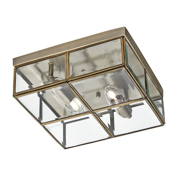Pisa 2 Light Antique Brass & Clear Glass Flush