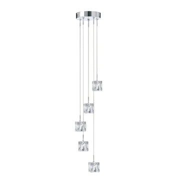 Ice Cube 5 Light LED Glass & Chrome Multi Drop Pendant