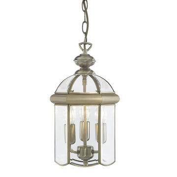 Bevelled 3 Light Lantern Antique Brass & Glass Domed Pendant
