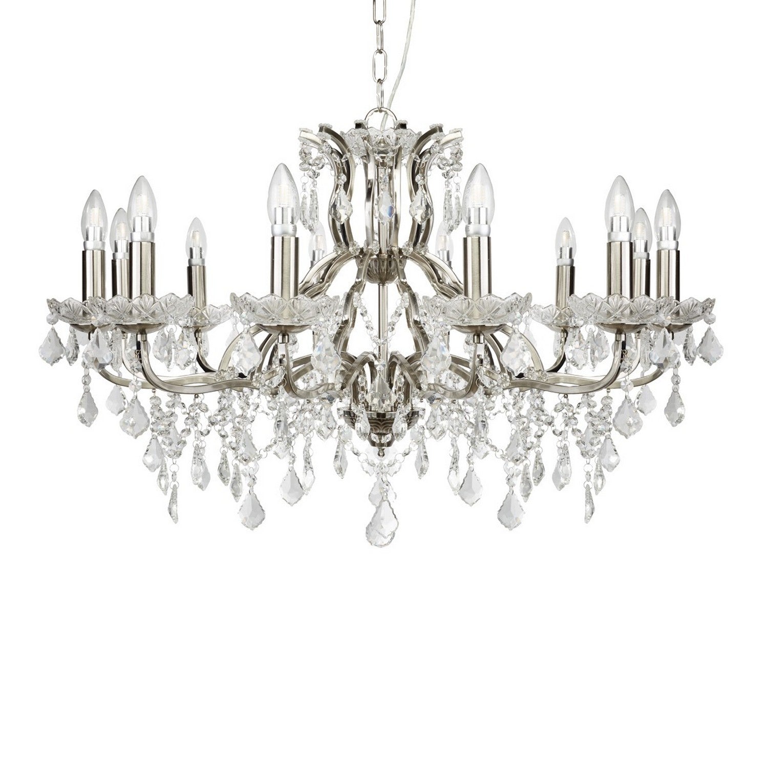 Paris 12 Lights Satin Silver Clear Crystal Drops Ceiling Chandelier