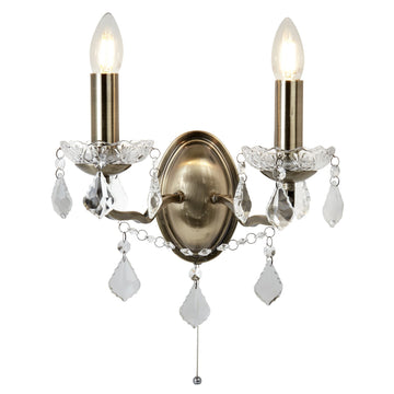 Paris 2 Lights Antique Brass Crystal Drops Wall Light