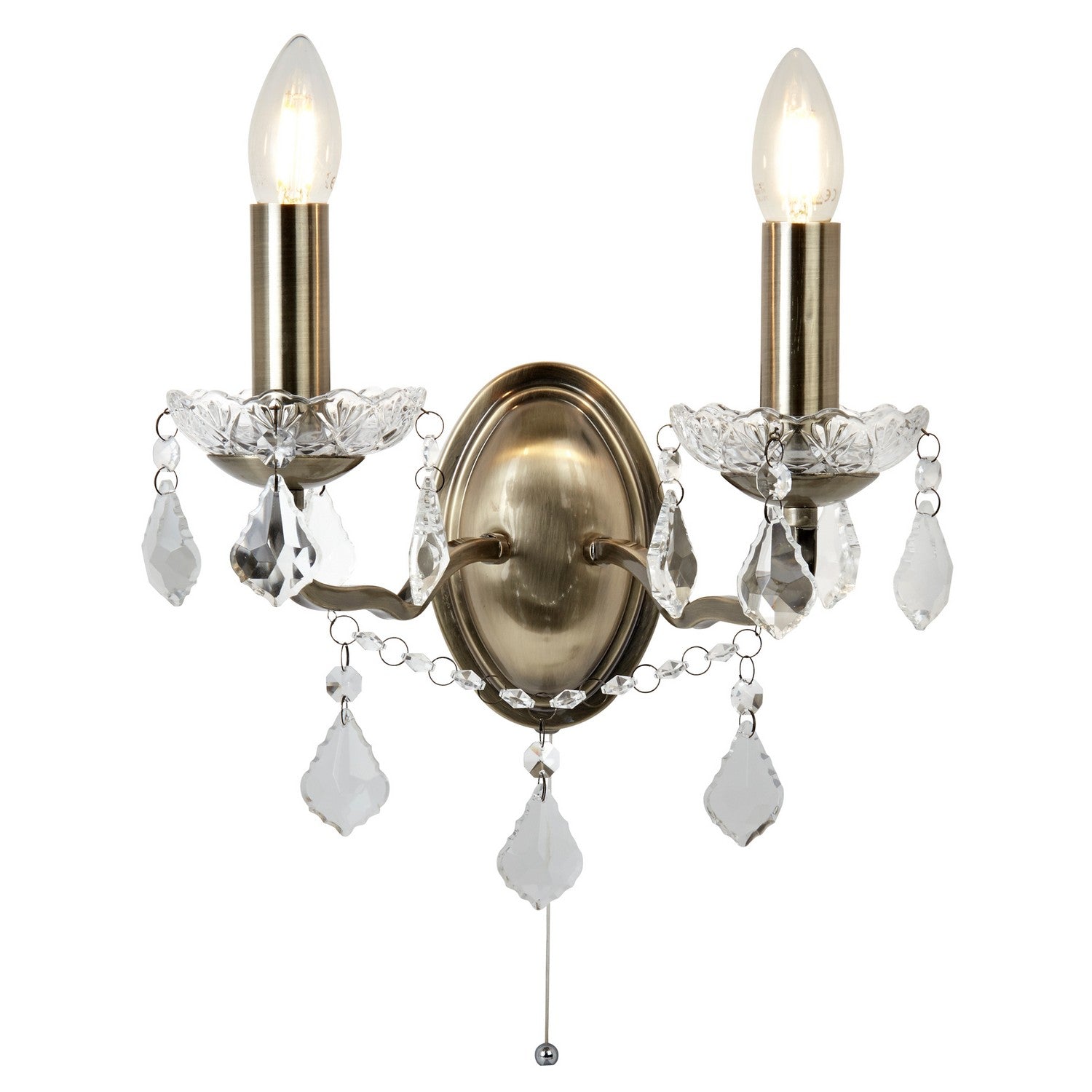 Paris 2 Lights Antique Brass Crystal Drops Wall Light