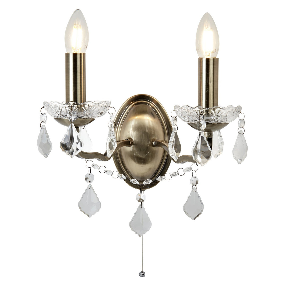 Paris 2 Lights Antique Brass Crystal Drops Wall Light