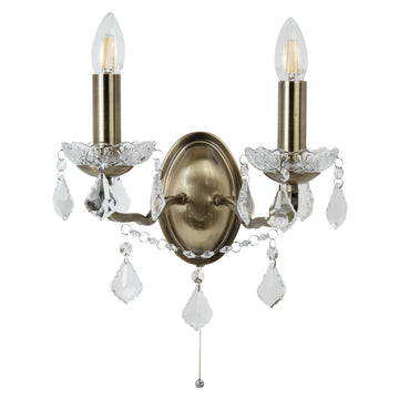 Paris 2 Lights Antique Brass Crystal Drops Wall Light