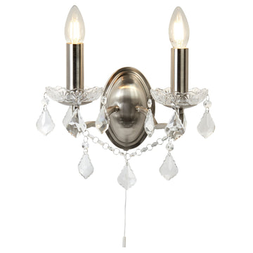 Paris 2 Lights Satin Silver Crystal Drops Wall Light