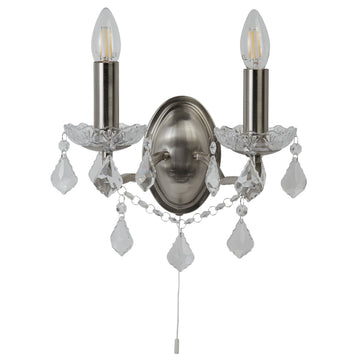 Paris 2 Lights Satin Silver Crystal Drops Wall Light