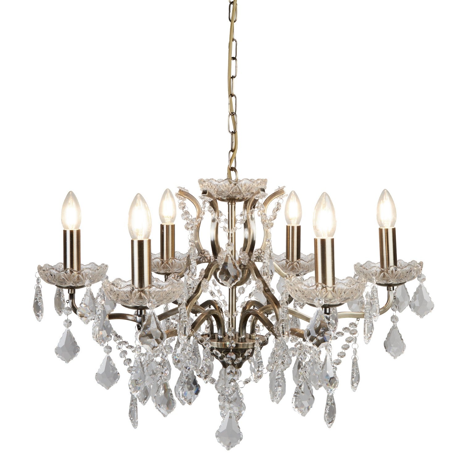 Paris 6 Lights Antique Brass & Clear Crystal Drops Chandelier