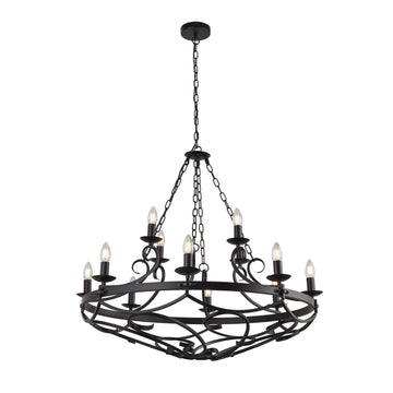 Cartwheel III 12 Multi Lights Black Wrought Iron Ceiling Pendant