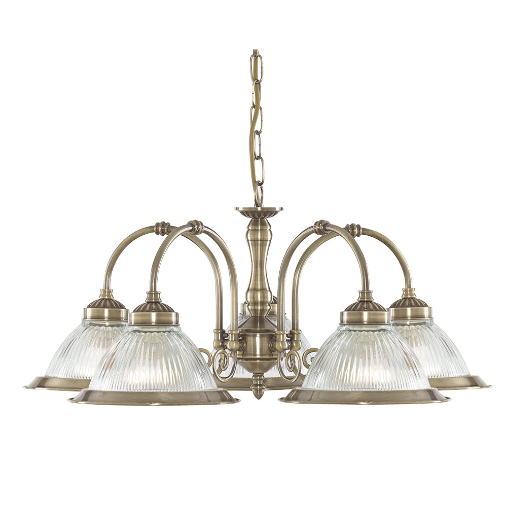 American Diner 5 Light Antique Brass & Glass Pendant