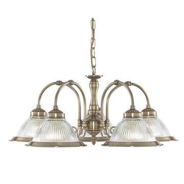 American Diner 5 Light Antique Brass & Glass Pendant
