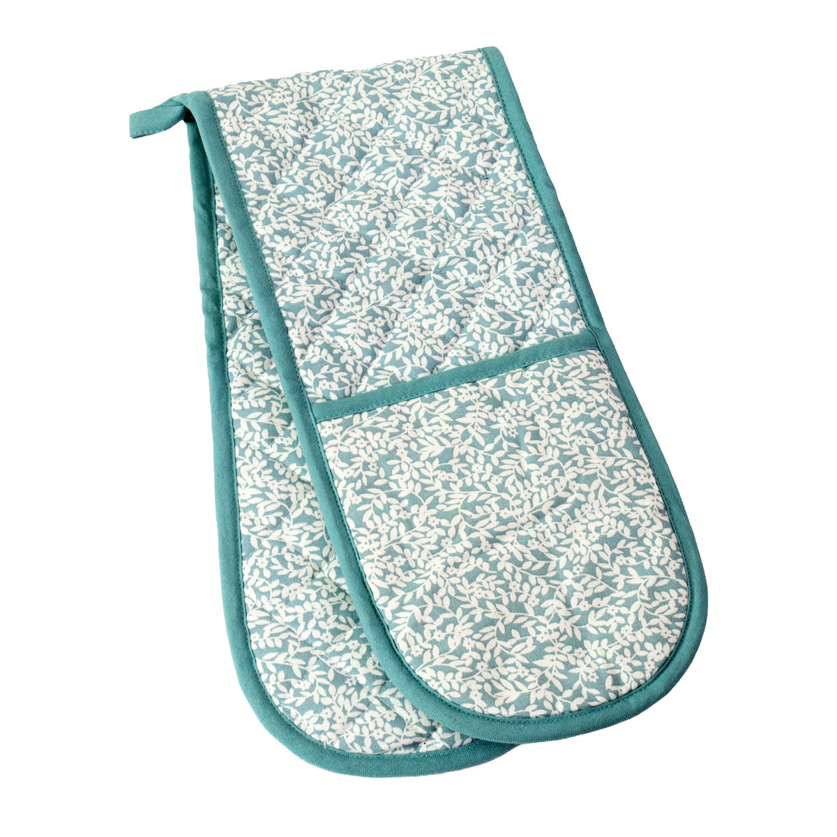 Botanical Floral & Leaves Double Oven Gloves 100% Cotton, Duckegg
