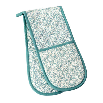Botanical Floral & Leaves Double Oven Gloves 100% Cotton, Duckegg
