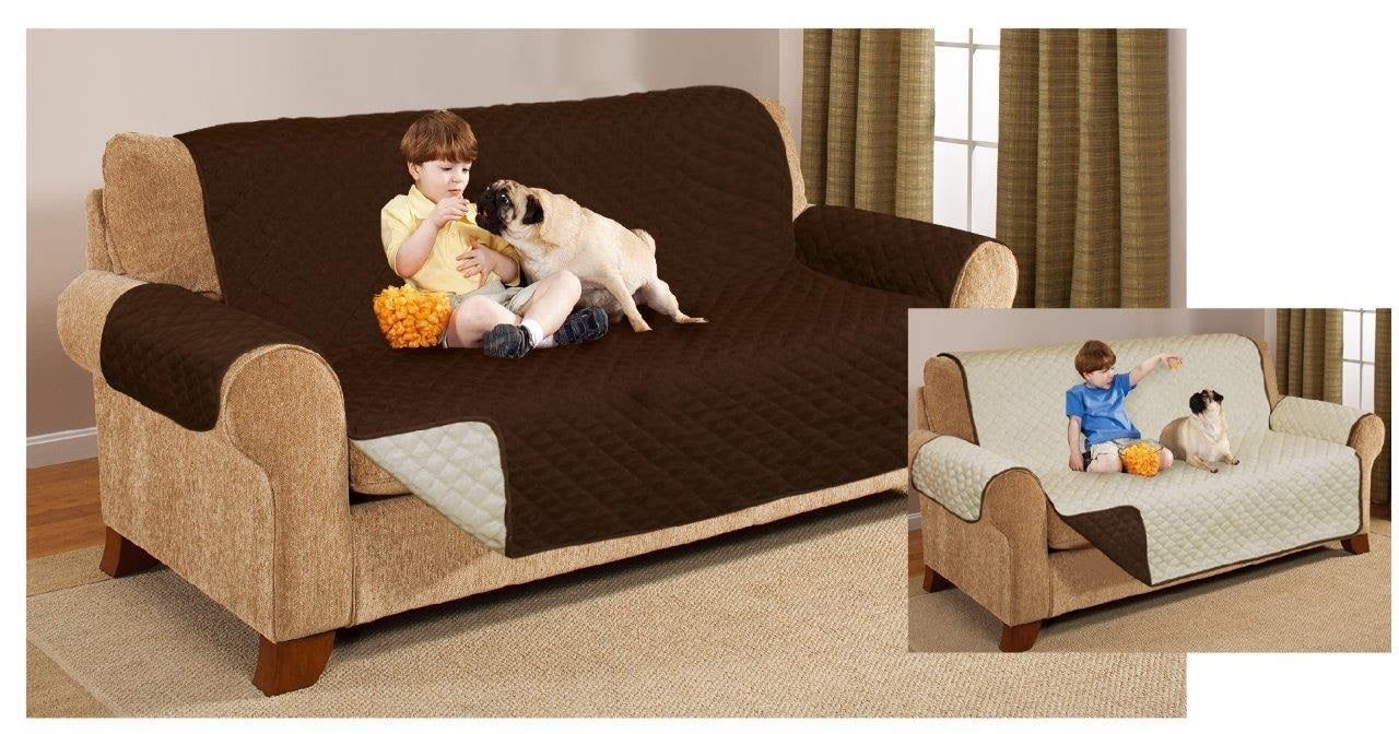 Quilted Waterproof Three Seater Sofa Slip Cover Protector - Brown & Beige