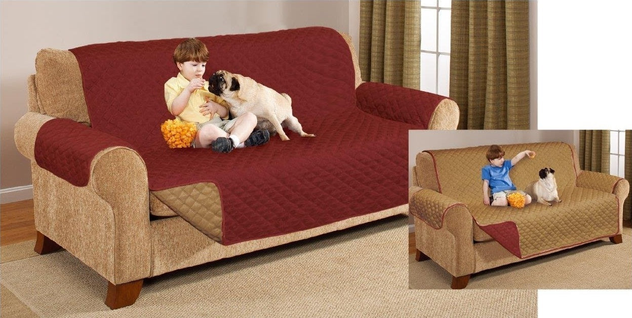 Quilted Waterproof Two Seater Sofa Slip Cover Protector - Burgundy & Beige