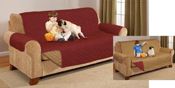 Quilted Waterproof Three Seater Sofa Slip Cover Protector - Burgundy & Beige