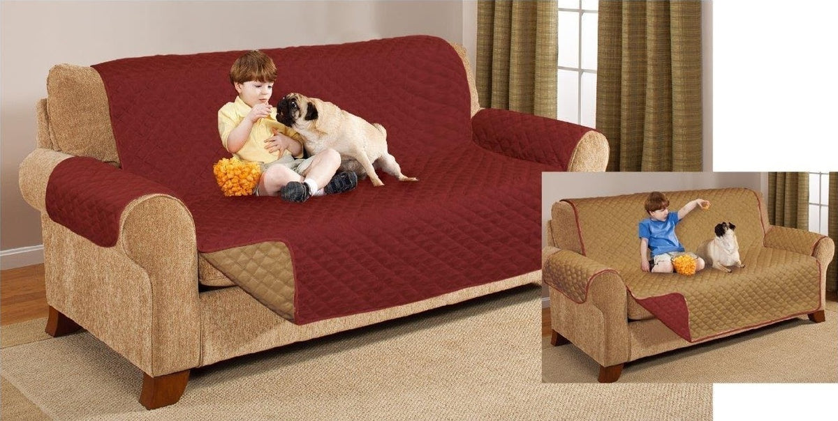 Quilted Waterproof Two Seater Sofa Slip Cover Protector - Burgundy & Beige