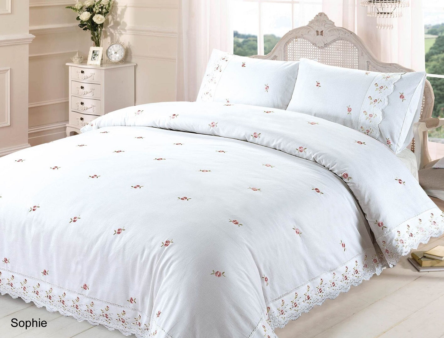 Shabby Chic Embroidered Lace Trim Duvet Cover, Double, White