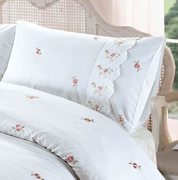 Shabby Chic Embroidered Lace Trim Duvet Cover, Double, White