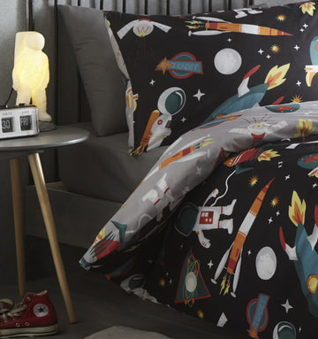 Astronaut Spaceman Baby Toddler Cot Bed Duvet Cover Set - Black & Grey