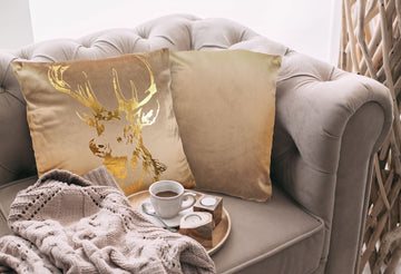 Christmas Stag Velvet Filled Cushion 43x43cm - Taupe & Gold