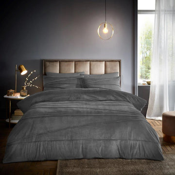 Signature Full Velvet Stripe Duvet Cover Set, King, Charcoal Grey