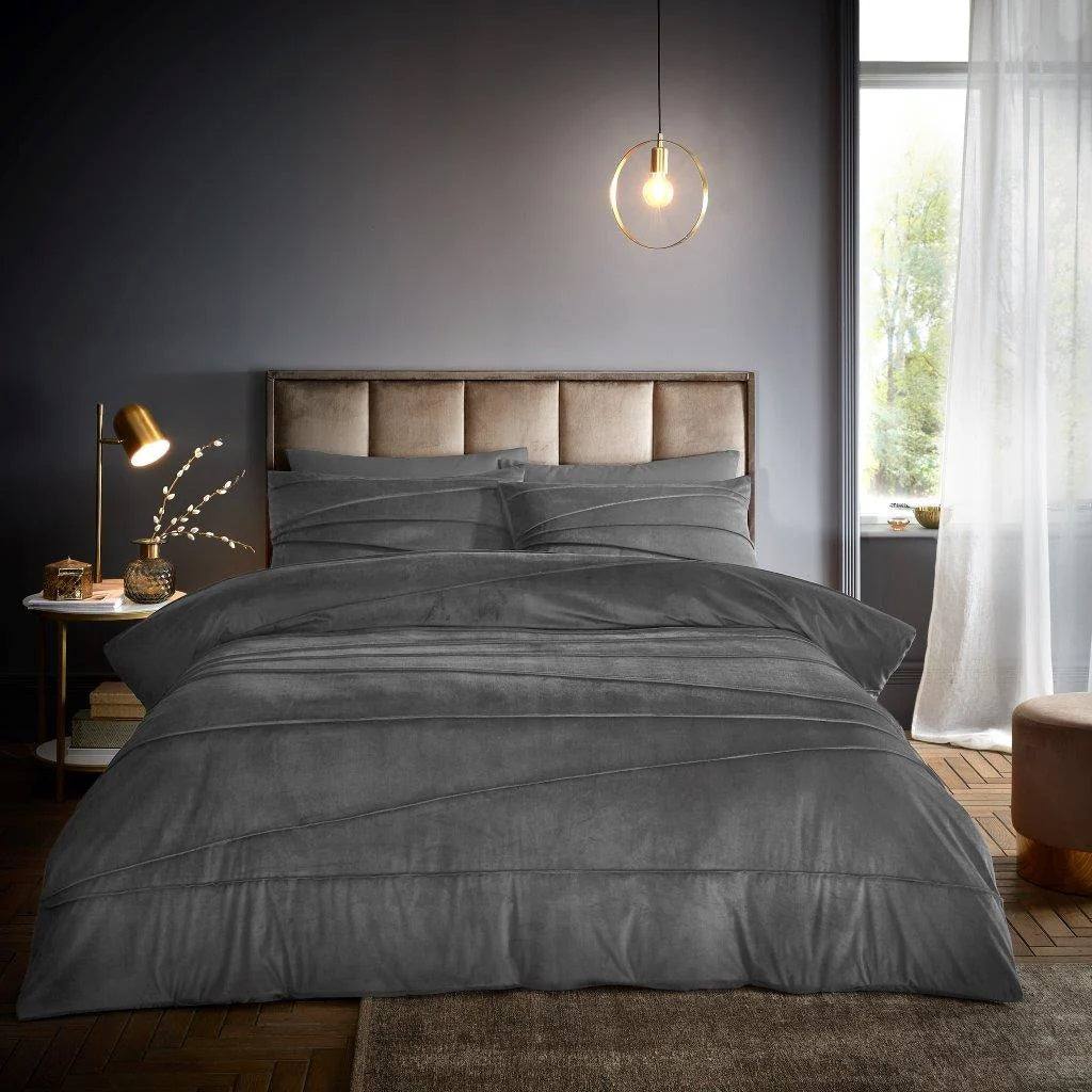 Signature Full Velvet Stripe Duvet Cover Set, Double, Charcoal Grey