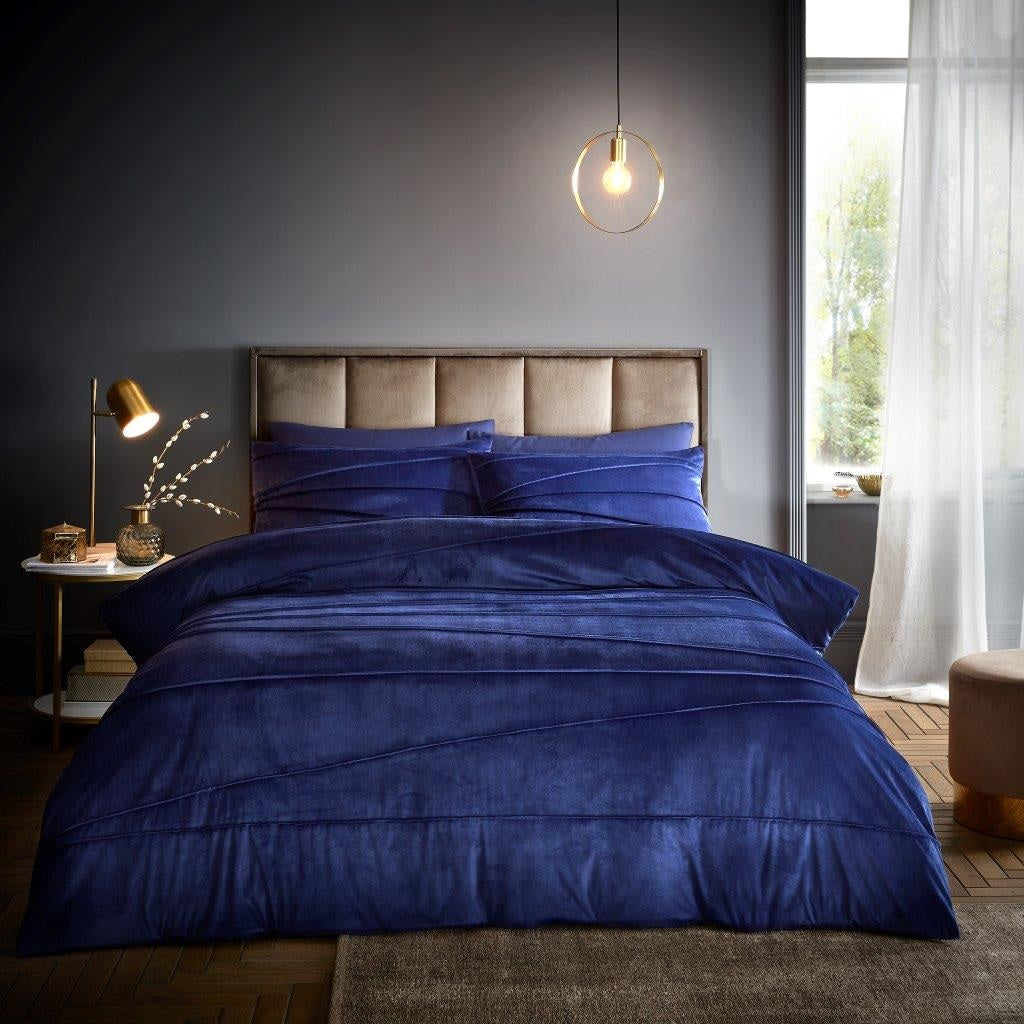 Signature Full Velvet Stripe Duvet Cover Set, King, Navy Blue