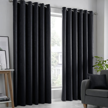 Classic Vogue Textured Dim Out Thermal Eyelet Ring Top Curtains 46" x 54" - Black