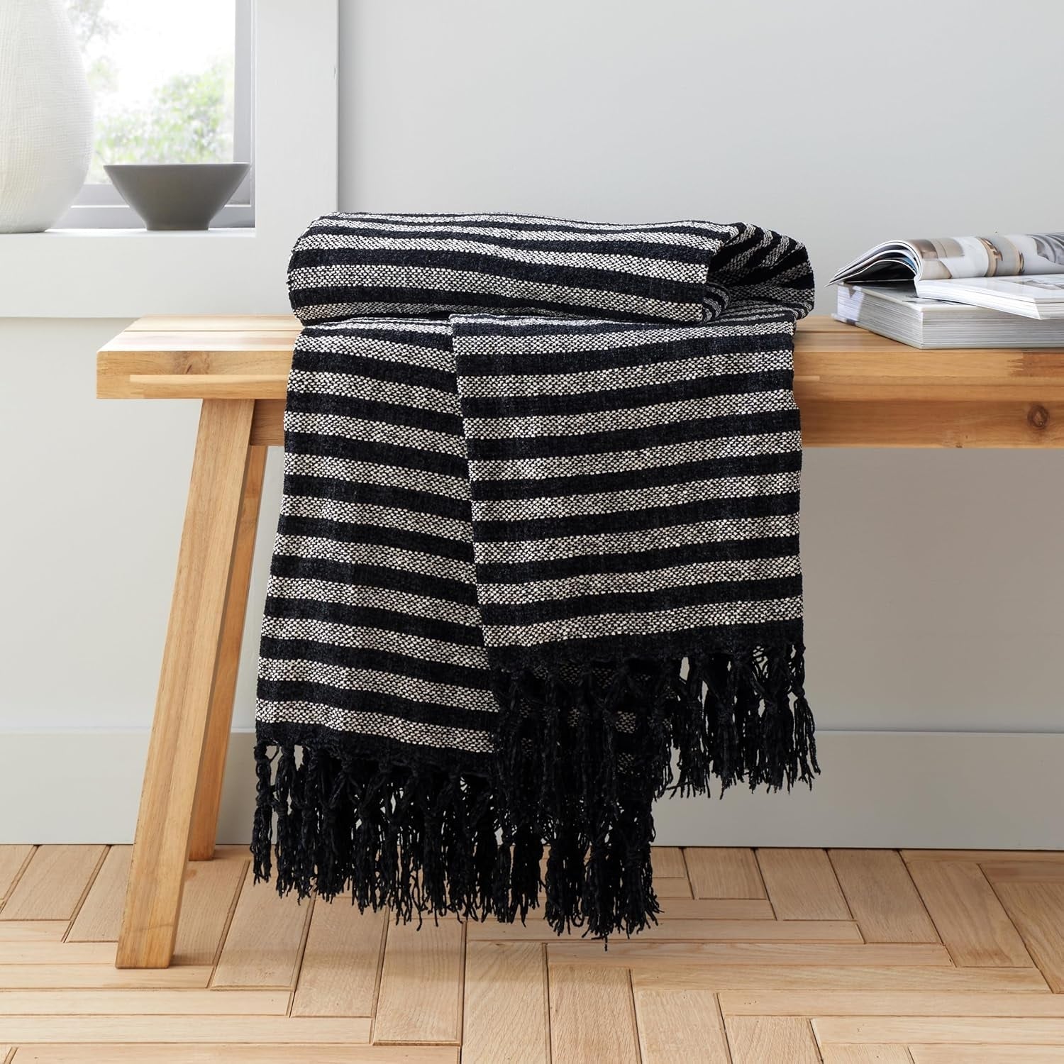 Catherine Lansfield Stripe Chenille Throw 130x170cm, Black