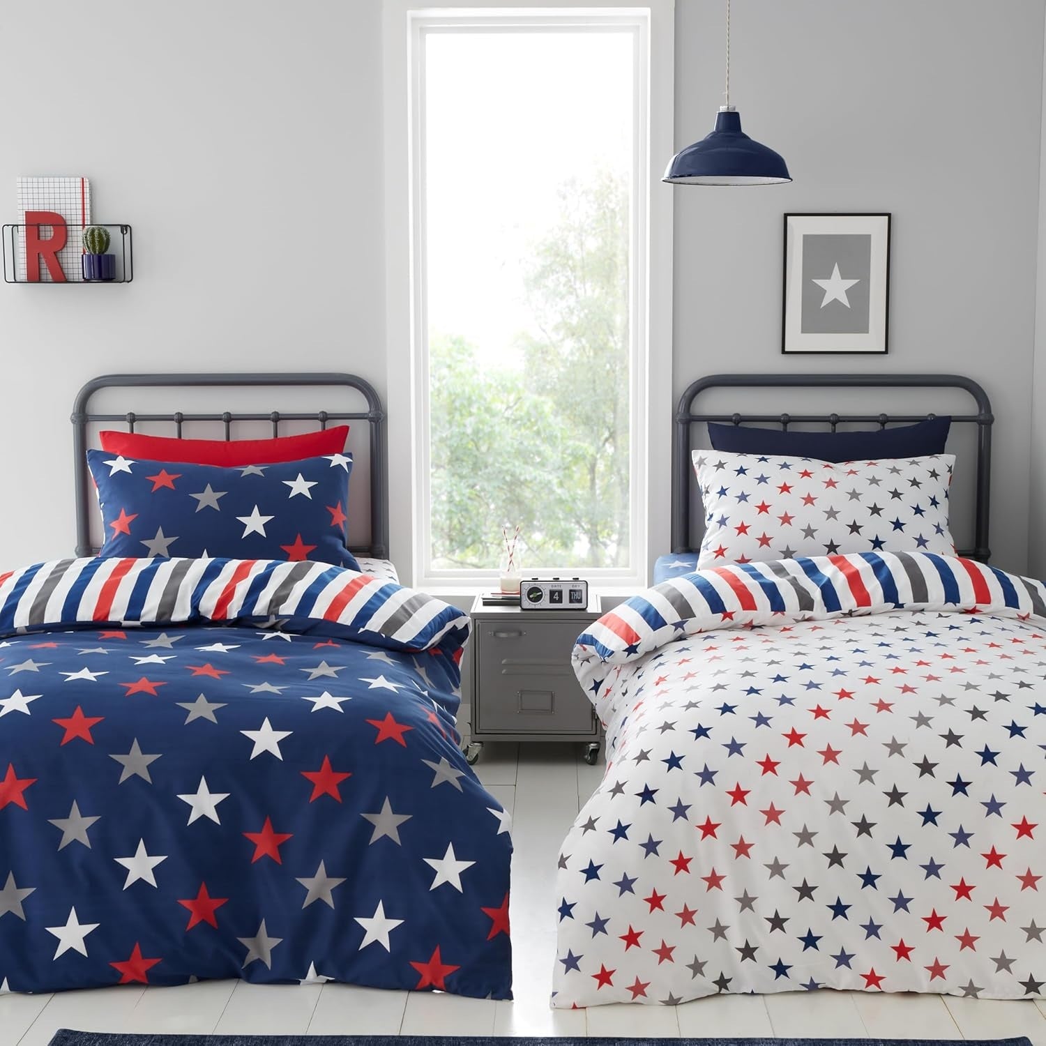 Catherine Lansfield Stripes & Stars Duvet Cover, Single, (Twin Pack)