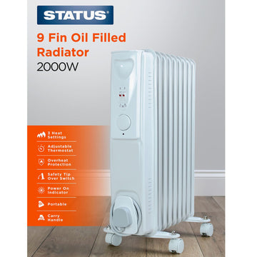 STATUS 2000W White Portable Oil Filled Radiator 9 Fin Heater