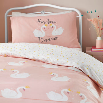 Swans Girls Duvet Cover Reversible Set Coral Pink Single