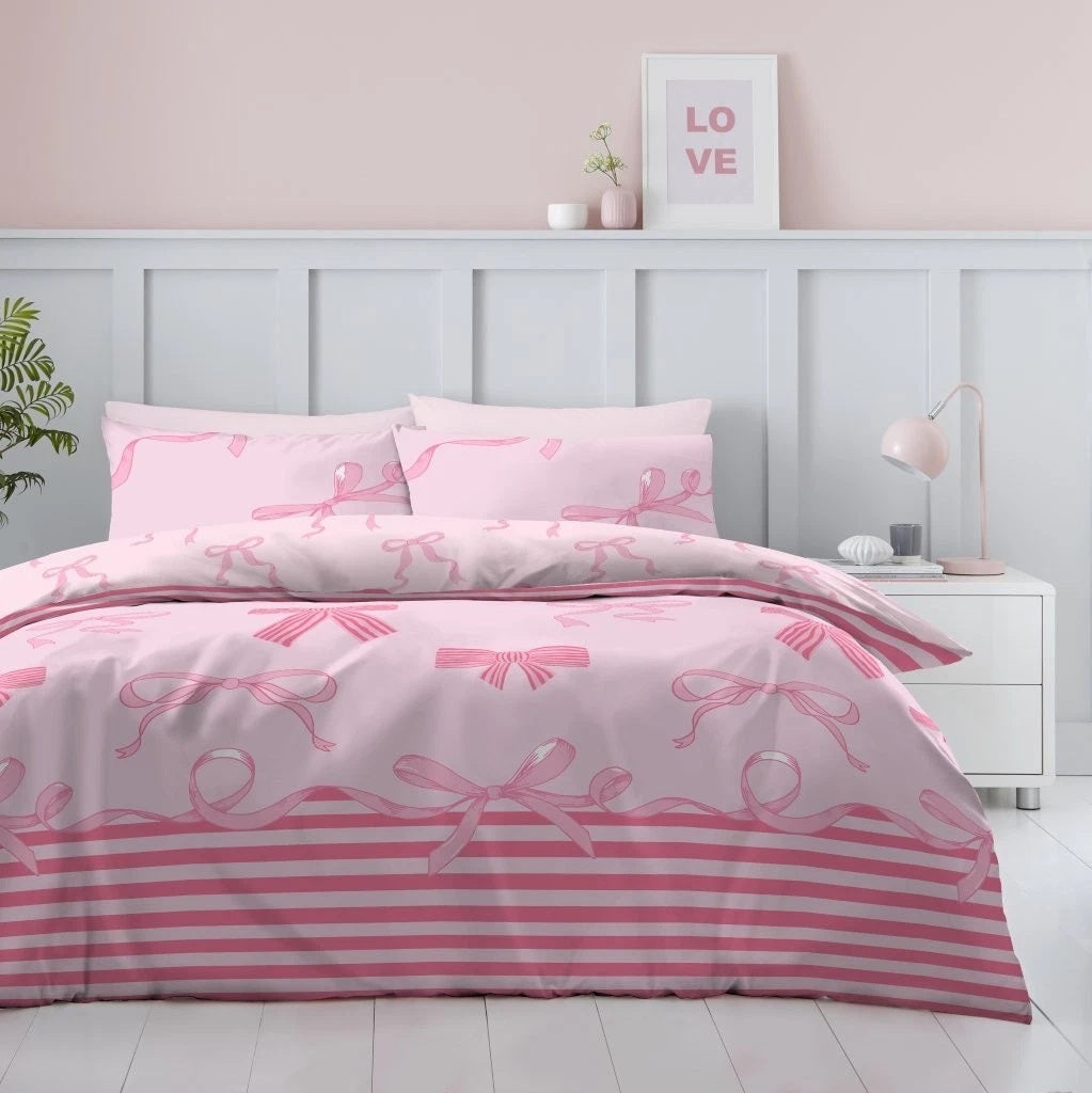 Bow Stripe Duvet Cover Set, Double, Pink