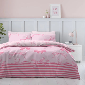 Bow Stripe Duvet Cover Set, Double, Pink