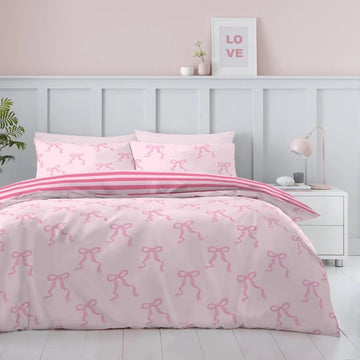 Bow Stripe Duvet Cover Set, Double, Pink