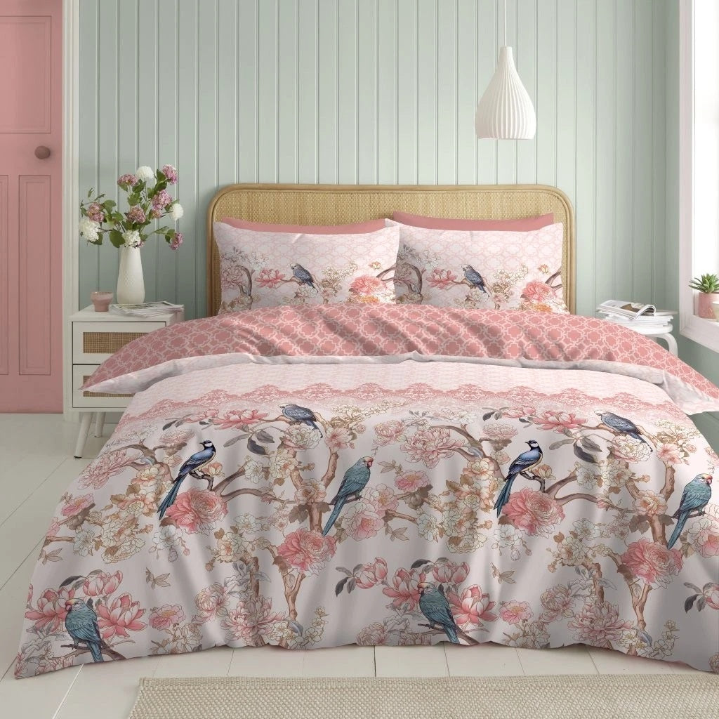 Oriental Floral Bird Duvet Cover Set, King, Blush Pink