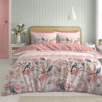 Oriental Floral Bird Duvet Cover Set, King, Blush Pink