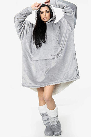 Oversized Plush Sherpa Hoodie Blanket - Silver Grey
