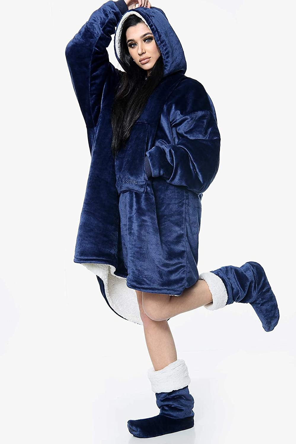 Oversized Plush Sherpa Hoodie Blanket - Navy Blue