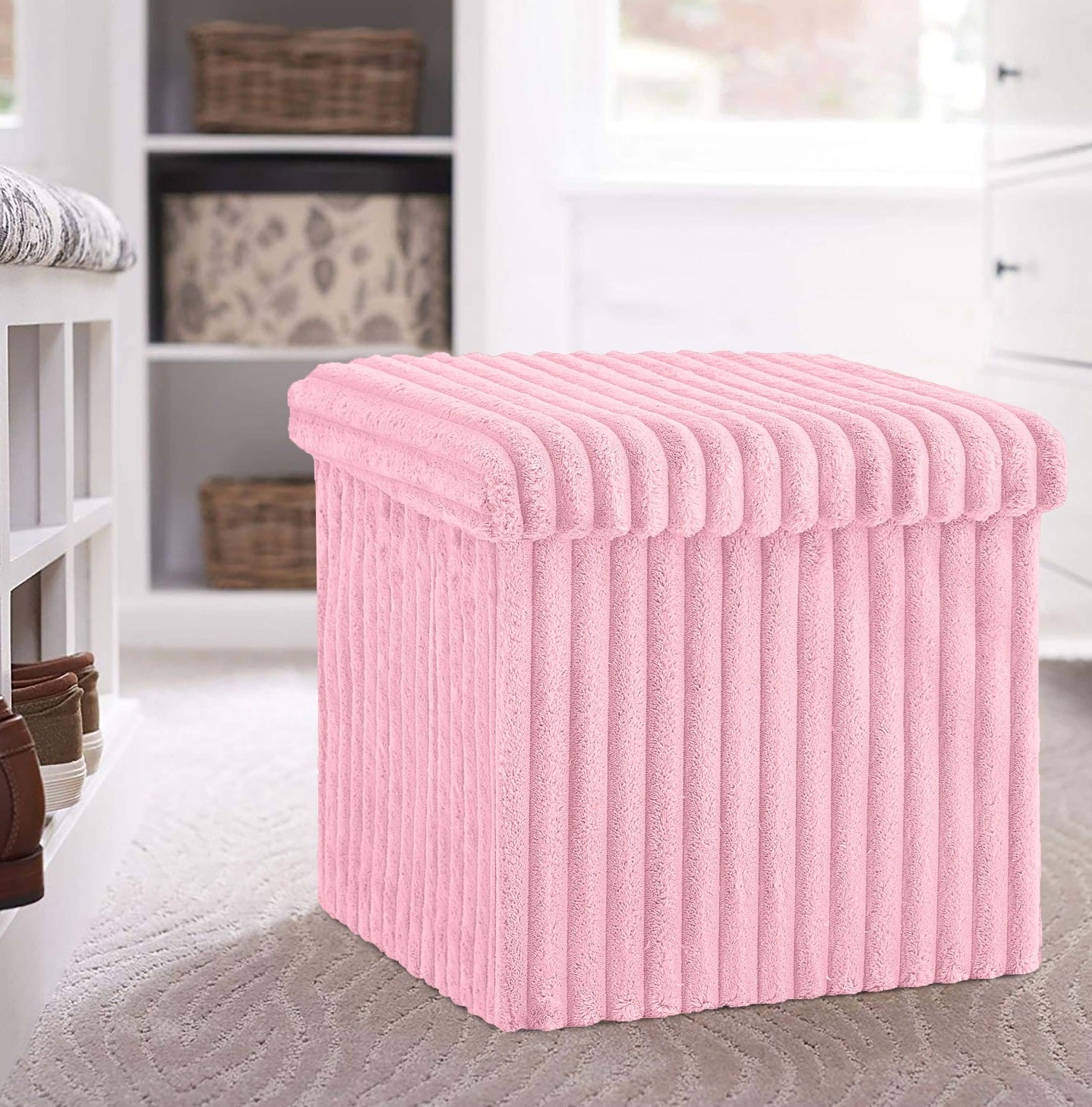 Foldable Storage Box Foot Stool Ottoman Pouffe Seat - Blush Pink