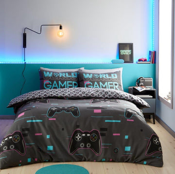 Game Gaming Gamer Duvet Cover Set, Single, Black & Grey