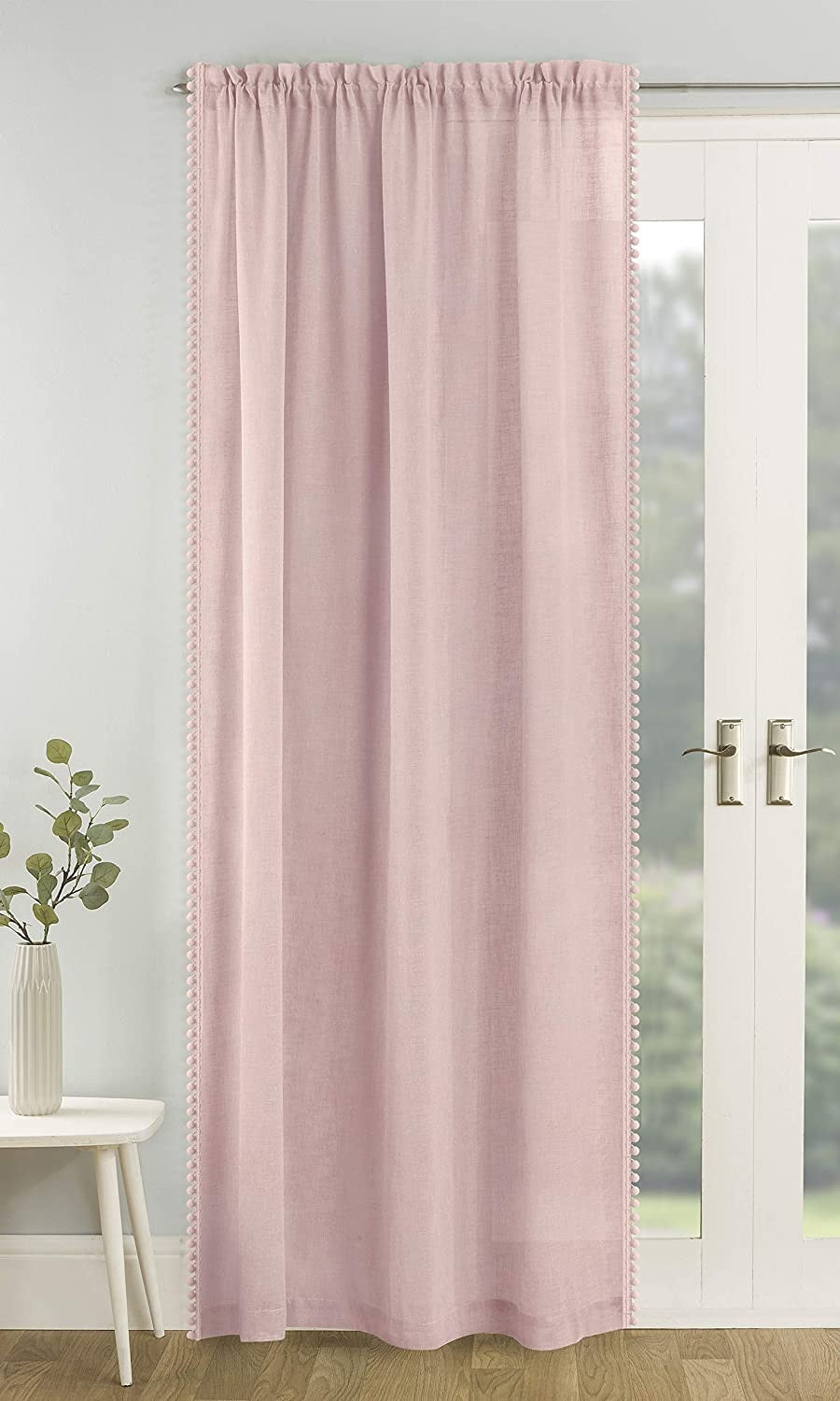 55x90" Blush Pink Tahiti Pom Pom Edge Lined Net Curtains