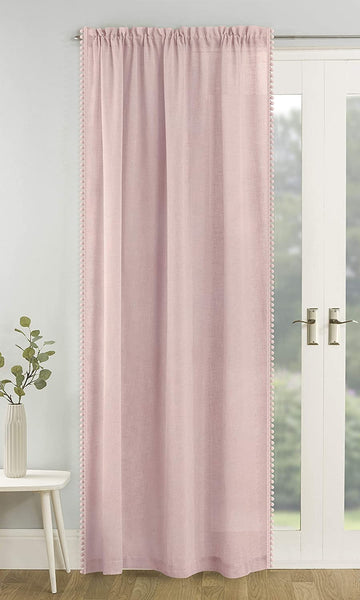 55x90" Blush Pink Tahiti Pom Pom Edge Lined Net Curtains