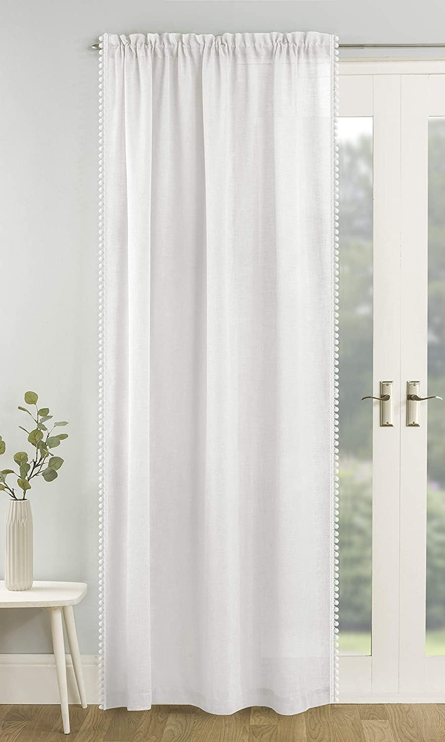 55x72" White Tahiti Pom Pom Edge Lined Net Curtains
