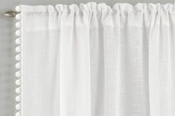 55x72" White Tahiti Pom Pom Edge Lined Net Curtains