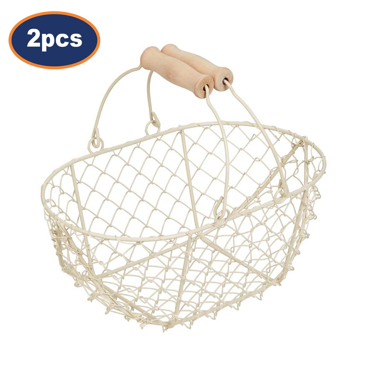 2Pcs Cream Metal Wood Handle Kids Easter Egg Basket