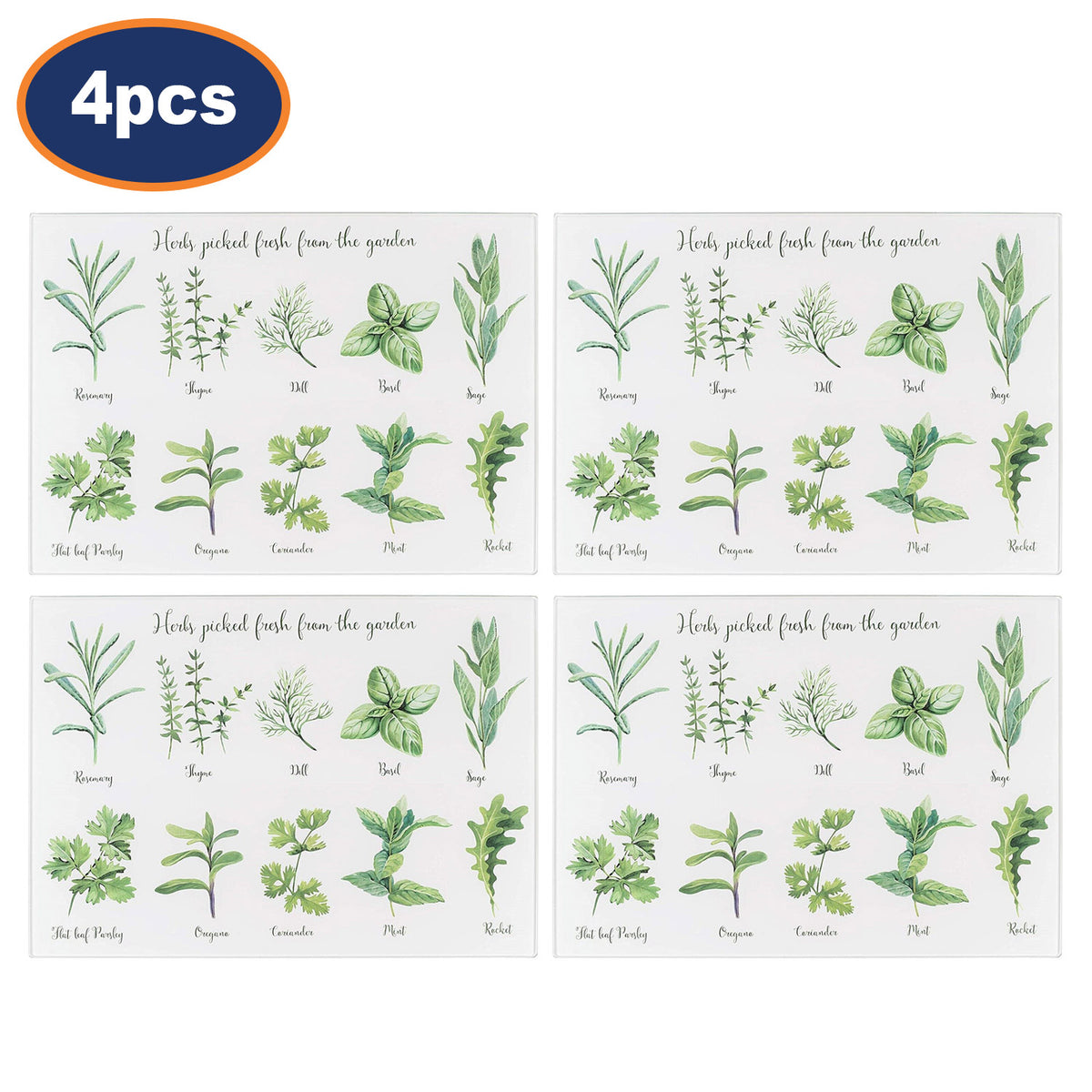4Pcs Herbs Design Glass Worktop Saver Chopping Board
