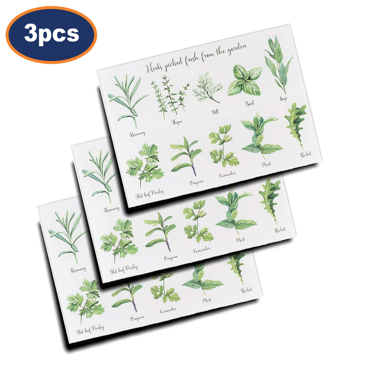 3Pcs Herbs Design Glass Work Chopping Board